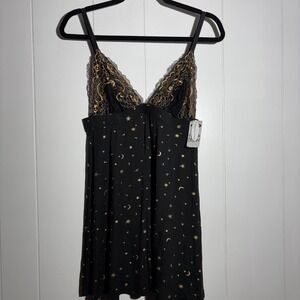 Whimsigoth Chemise Celestial Moon Star Lace Trim Nightgown Black Witchy Goth L